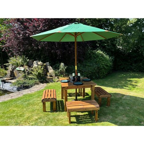 Knights Four Seater Garden Furniture Table Set - L160 x W170 x H80 cm - Green Parasol Included - Fully Assembled