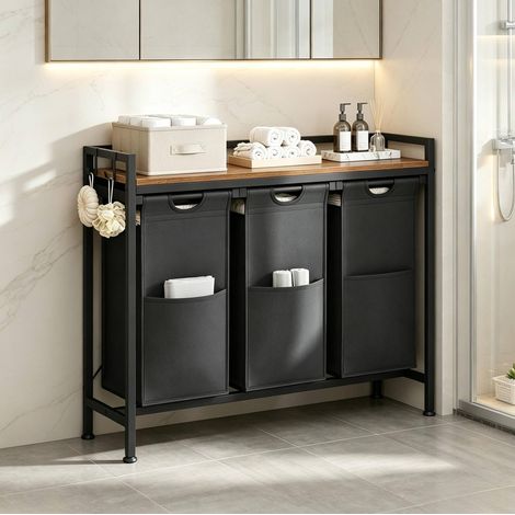 Meuble de rangement pour linge avec 3 paniers amovibles 96 x 30 x 71 cm noir et brun rustique HAVRYA (1/5)