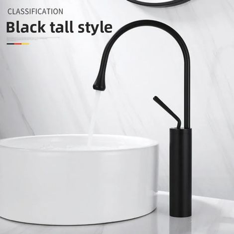 Robinet de lavabo moderne (noir haut) en laiton brossé or noir argent, montage sur plage, mitigeur eau chaude/eau froide pour salle de bain (1/5)
