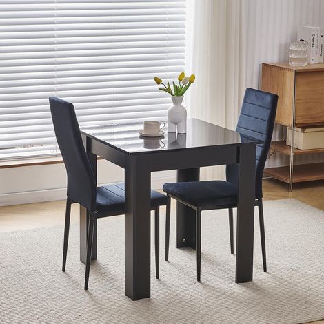 75x75cm Square Dining Table and Chairs Set, Small Dining Room Set High Gloss Dining Table with Chairs Home Furniture (Black Flannel, Black Table with 2 Chairs) (1/5)