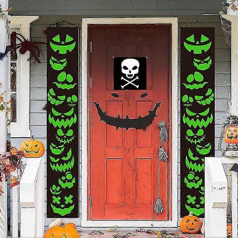 Halloween-Veranda-Schild, leuchtendes Halloween-Zweizeiler-Banner, Totenkopf, Dämon, Fledermaus, Halloween-Hängeschild für Haus, Garten, Bar, Büro, Veranda, Haustür (1/5)