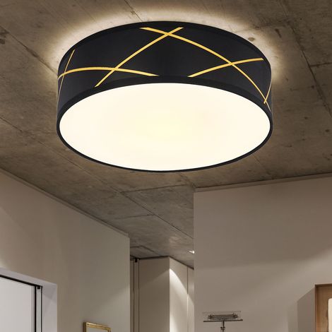 Deckenleuchte rund Stoff schwarz Stoffdeckenleuchte matt Deckenlampe Schlafzimmer, mit Textilschirm in goldfarben, DxH 40x12 cm