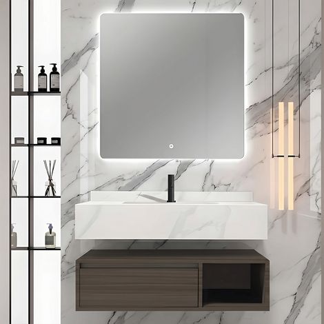 Mobile bagno sospeso con 1 cassettone composizione composta da base mobile, lavabo, specchio a LED 100 cm - Noce (1/3)