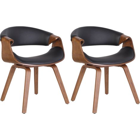Lot de 2 chaises de salle à manger avec accoudoirs design rétro en PVC noir et bois marron 100007863