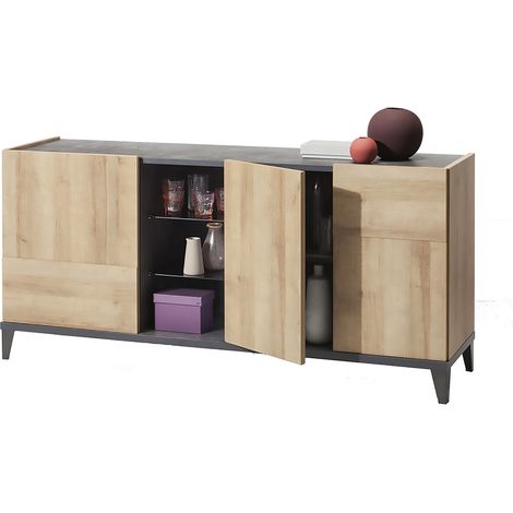 Sideboard 180 cm Eiche und Grau mit 3 Türen und 1 Fach mit 2 Glasböden - Monza (1/5)