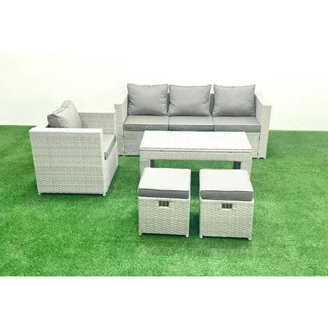 Fimous Rattan Garden Furniture Set 5 Pieces Outdoor Garden Sofa Oblong Coffee Table Set with Chair 2 Small Footstools Light Grey Mixed (1/5)