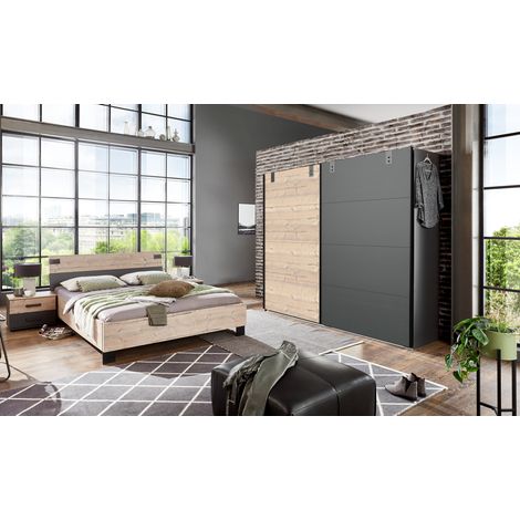 Chambre à coucher complète adulte (lit 180x200 cm + 2 chevets + armoire), coloris chêne -PEGANE-