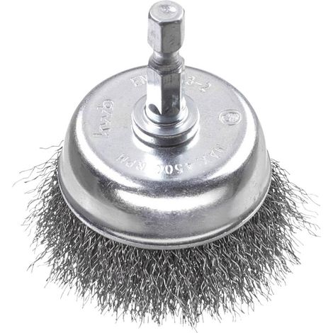 Brosse boisseau fine, ondulée, fil d'acier HSS, Ø 50 mm pour métal et pierre, brosse métallique pour perceuse y compris tige hexagonale E6.3, pour dérouiller, décalaminer