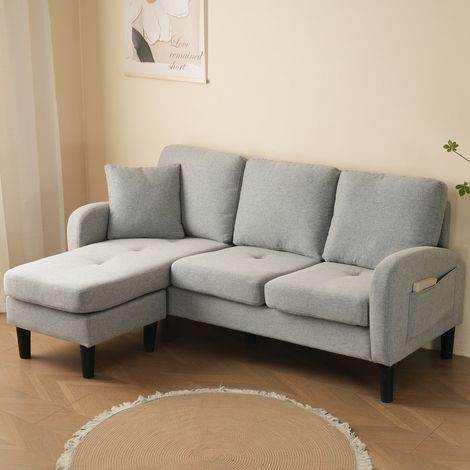 Canapé d'angle L avec méridienne 3 places - Tissu coton/lin respirant 166x118x77cm - Design modulable salon/appartement - Gris (1/5)
