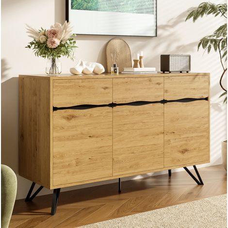Buffet 140x40x75.5 cm noir et bois en panneaux de particules avec 3 portes et pieds en métal (1/5)