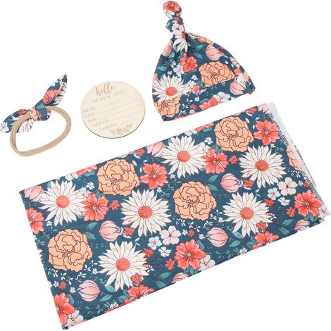 Couverture de réception pour nouveau-né à imprimé floral 4 pièces avec bandeau, respirante et douce, type 4 (1/5)