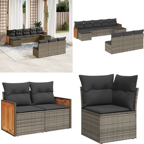 10-tlg. Garten-Sofagarnitur mit Kissen Grau Poly Rattan - Gartengestelle - Gartenmöbelset - Lounge Set - Rattan Möbel - Gartenlounge - Home & Living (1/5)