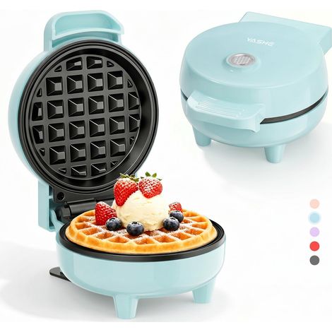 YASHE Mini gaufrier ABW59C bleu, 550 W, plaque 10 cm, antiadhésif, voyant, poignée isolante