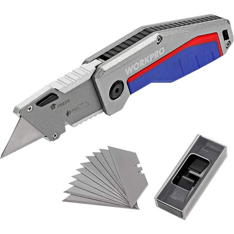 WORKPRO Cutter Utilitaire Couteau Pliant avec Mécanisme de Changement Rapide - Poignée en Alu Antidérapant - Liner Lock Maintient Lame en Sécurité, 10 Lames Supplémentaires Incluses (1/5)