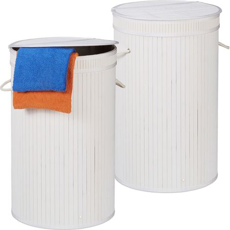 2x Cesto Ropa Sucia con Tapa, Cubo Colada Plegable, Redondo, Bambú, 65 Litros, Ø 40 cm, Blanco