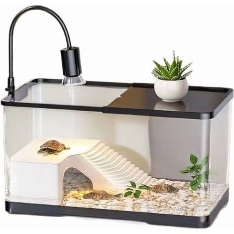 Aquarium-Terrarium - 2-en-1 Habitat Aquatique et Terrestre - Plateforme de Brillance Réglable - Lampe LED Chauffante - Échelle et Décor Inclus - Pour Tortues et Reptiles - 1 Pièce