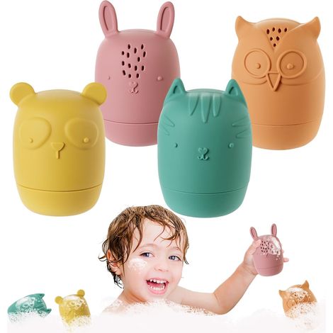 4 Piece Baby Bath Toy - Silicone Animals - Open, Sprayable and Compressible, Floating Early Learning Toys for Swimming Pool and Beach (1/5)