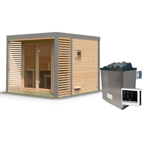 Sauna Exterieur 6-8 Places Epicea Nordique 38mm Terrasse Plancher Karibu Ares 3 Naturel (1/5)