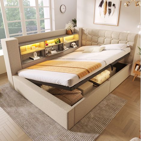 Cama con almacenaje 140x190 cm beige en lino con LED, puertos USB y cabecero reversible (1/5)