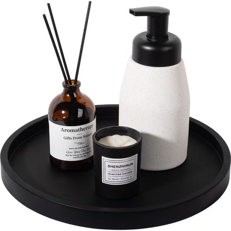 Plateau rond en silicone noir, 23 cm, organisateur de rangement pour cosmétiques, parfum et accessoires, plateau décoratif pratique pour salle de bain, chambre et hôtel (1/5)