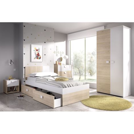 DEKIT GRUPO RIMOBEL DINA PACK - CONJUNTO DE CAMA 190X90 CON 2 CAJONES, MESITA DE NOCHE, COMODA DE 3 CAJONES Y ARMARIO - NATURAL / BLANCO (1/5)