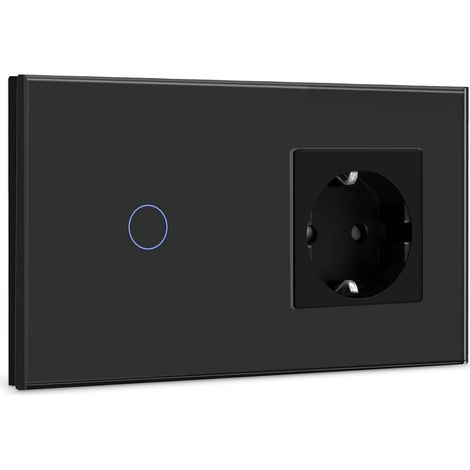 Interrupteur tactile avec prise - 1 compartiment - 1 voie - Avec affichage LED - Encastré - Avec cadre en verre - 157 mm - Noir - 500 W (1/5)