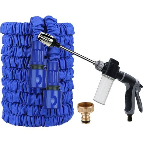Tubo da giardino estensibile da 7,5 m (25 piedi) - Pistola a spruzzo con asta lunga e serbatoio per schiuma, grigio e nero, kit blu completo-lsw (1/4)