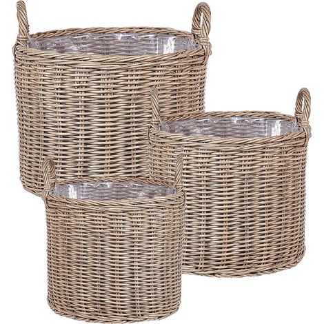 Set di 3 cesti per piante in rattan PE marrone con intarsio sintetico e manici Pendula (1/5)