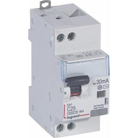 Disjoncteur diff DX³ 4500 vis/vis - U+N 230V 25A - typeAC 30mA - courbe C - 2 modules - Neutre A Droite - 410707