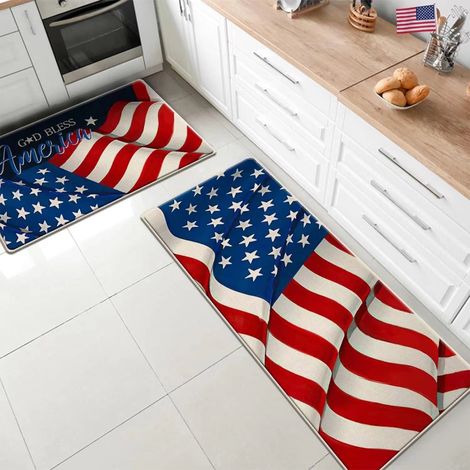 Tapis De Cuisine - Motif Patriotique Étoiles Et Rayures - Non Glissant Arrière Caoutchouc Recyclé - 60x40cm Et 40x150cm - 2 Pièces (1/5)