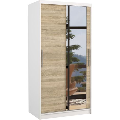 Petite armoire de chambre BAZO 2 portes coulissantes bois et miroir 100 cm-Blanc/Naturel-Largeur 100 cm (1/5)