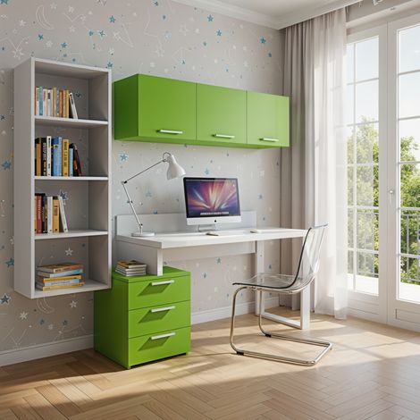 Angolo libreria design con cubotti e cassettiera - Soluzione moderna e salvaspazio - Bianco e Verde Mela