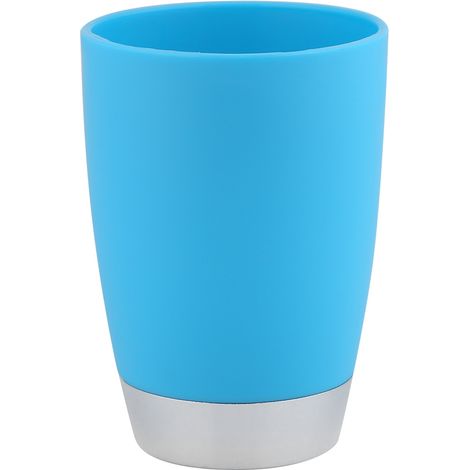 Lot de 4 accessoires de salle de bain bleus : gobelet, porte-brosse à dents, porte-savon et distributeur de savon. (1/5)