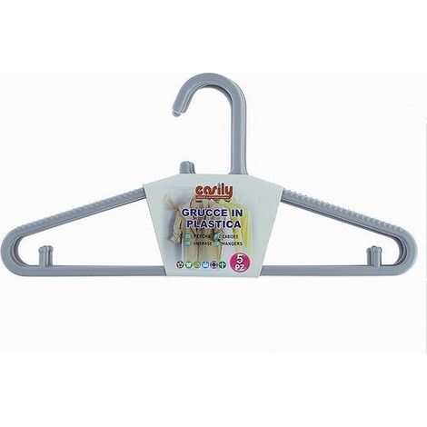 Trade Shop - Set 5pz Grucce Stampelle Appendiabito In Plastica Grigia Pantaloni Giacche 87689 -