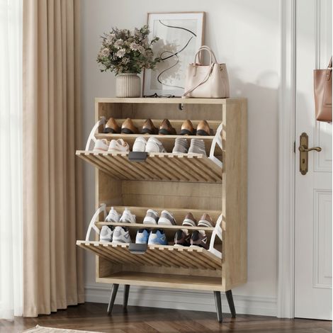 Scarpiera con ribalta, doppio scomparto, ante scanalate, MDF e truciolare, color rovere (1/5)