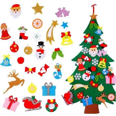 Sapin de Noël en feutre plat - 1,2 m - Décorations de Noël non tissées - Arbre de Noël avec 28 bonhommes de neige amovibles - Décoration murale pour enfants (1/5)