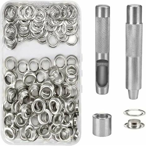 Juego de 100 ojales metálicos de 14 mm para reparación de lonas y carpas, color plateado (1/5)