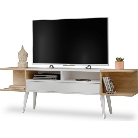 komodee Forio Meuble TV, Blanc Chêne, avec portes et 6 compartiments, 160x35x52 cm, pour le salon, la salle à manger et la chambre à coucher (1/5)