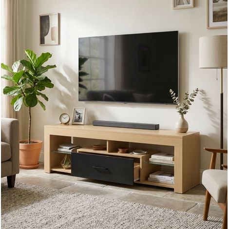 Mueble TV con almacenaje 140x40 cm melamina roble y negro para salón - CHICFURN (1/5)