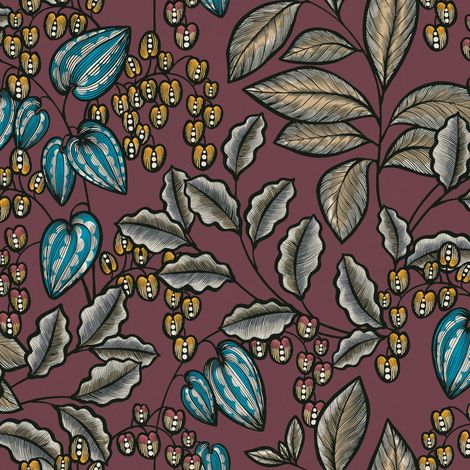 Blumen Tapete Profhome 377546 Vliestapete glatt mit floralen Ornamenten matt rot beige blau gelb 5,33 m2