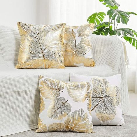 Set mit 4 dekorativen Kissenbezügen mit goldenem Blättermuster – 45 x 45 cm – Elegante Dekoration für Sofa und Schlafzimmer