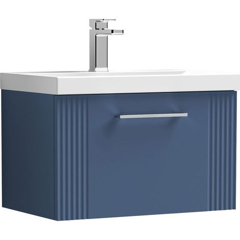 Nuie Deco Satin Blue 600mm Wall Hung Single Drawer Vanity Unit and Thin Edge Ceramic Basin - DPF394D (1/5)