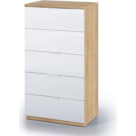Chiffonnier 60x40x110 cm 5 tiroirs blanc mat chêne canadien – Panneaux d'aggloméré mélaminé 15 mm – Pieds ABS anti-bruit (1/5)