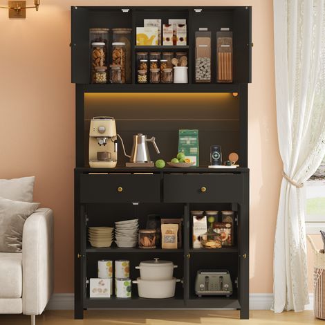 Meuble de rangement cuisine haut avec éclairage LED intégré et prises, armoire garde-manger à 5 portes en rotin et 2 tiroirs, buffet pour salon et salle à manger, dimensions 100×40×180 cm (1/5)