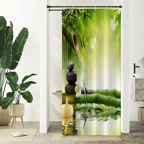 Spa Rideau de Douche 3D Paysage de Jardin Zen Rideau de Salle de Bain Bambou Vert Floral printanier Pierre Noire Fleur Blanche Rideau de Douche imperméable et Lavable en Machine 90x180cm (1/5)