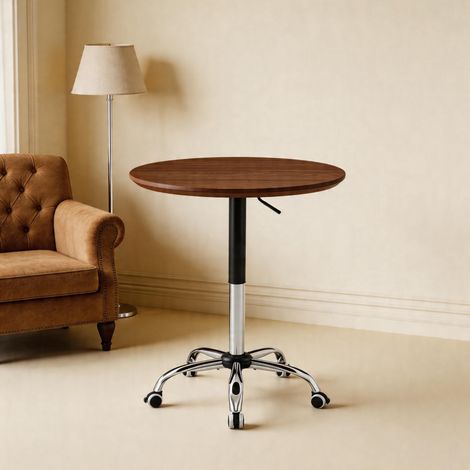 Tavolino regolabile su ruote 70x70x73.5-98.5 cm, piano effetto noce, base in metallo cromato, MDF, colore noce (1/5)