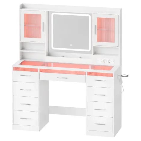 Coiffeuse LED RGB verre 110cm avec prises 9 tiroirs rangement moderne