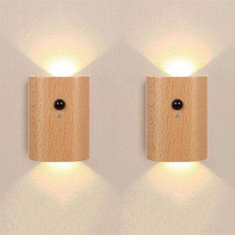 Applique Murale en Bois Rechargeable avec détecteur de Mouvement Intérieur LED Lampe Murale sans Fil Rechargeable USB Veilleuse Up Down Éclairage Mural magnétique 3000K Lumière Chaude 2 pièces,A [Clas (1/5)