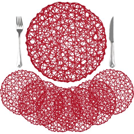 Lot de 6 Sets de Table Ronde Papier Tressé, 33cm Dessous Table Antidérapants Tissés à la Main Rouge, Dessous Assiette Naturels pour Cuisine et Salle à Manger Décoration (1/5)