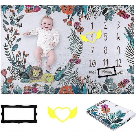Couverture photo mensuelle pour nouveau-né, couverture d'étape mensuelle pour bébé, motif lion et fleurs (1/5)